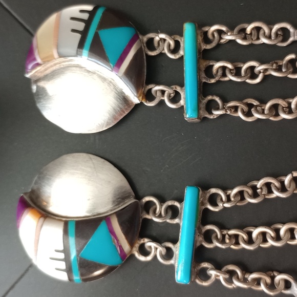 Native American Zuni Multi-stone Inlay Sterling Silver Dangle Stud Earrings - Picture 3 of 17